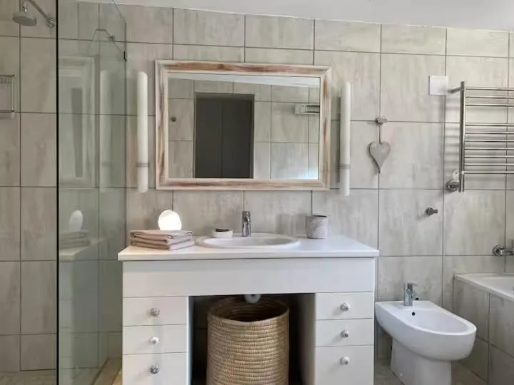 En-suite bathroom with a glass-walled shower, wood-framed mirror, vanity and separate bidet