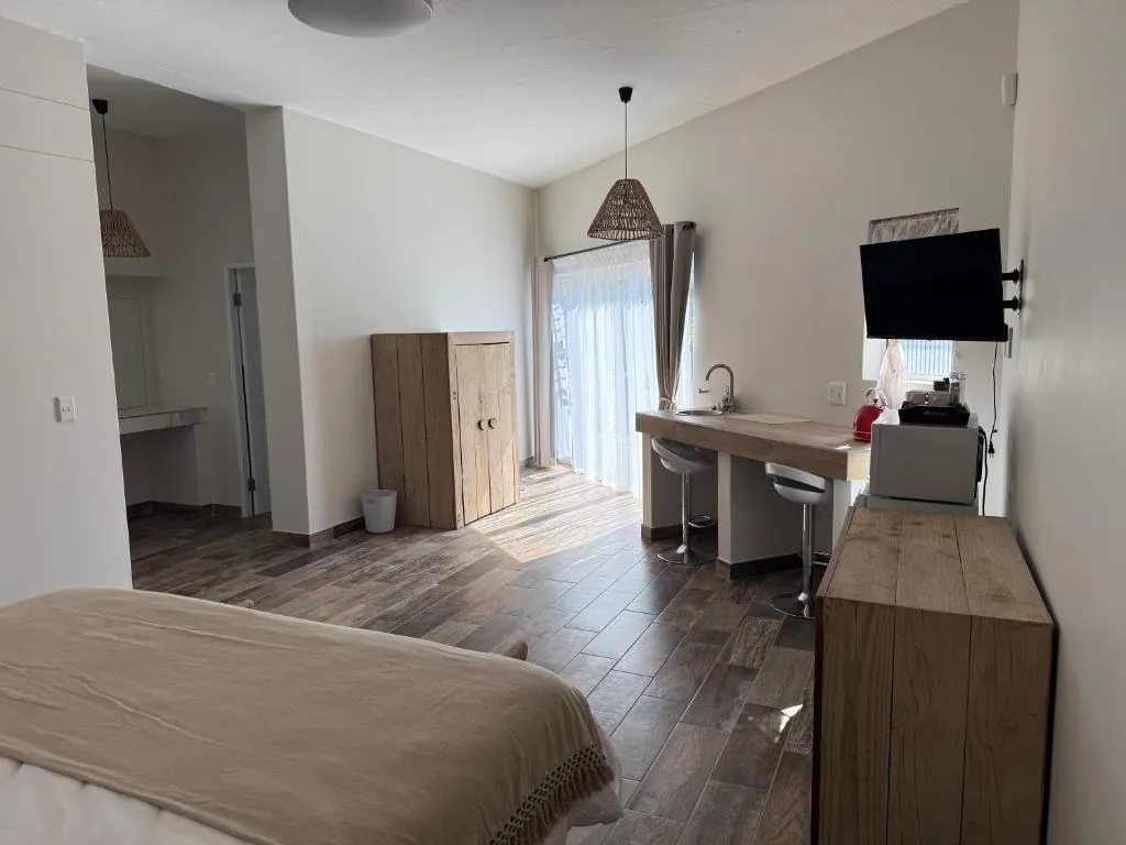 Studio room with bed, kitchenette bar counter and wall-mounted TV, sliding doors to a patio