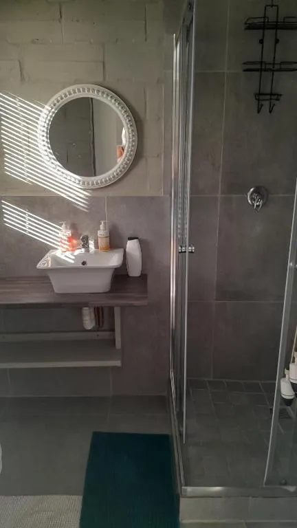 En-suite bathroom with a round mirror, vanity basin and glass-walled shower