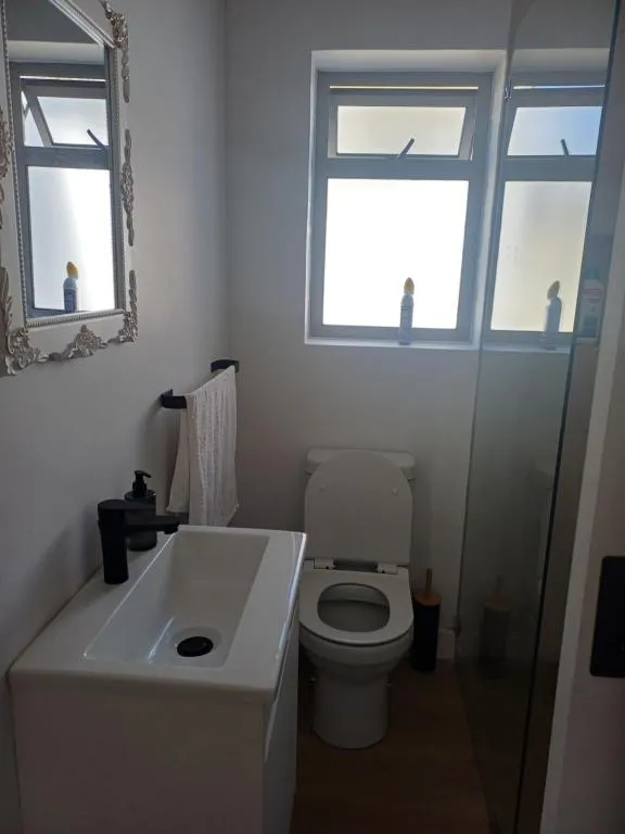 Compact bathroom with a wall-mounted basin, toilet and a glass-walled shower