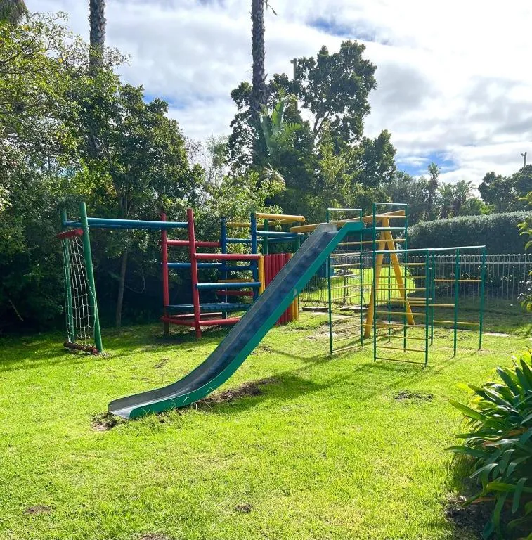 Estate children's playground with a slide and jungle gym on the lawn