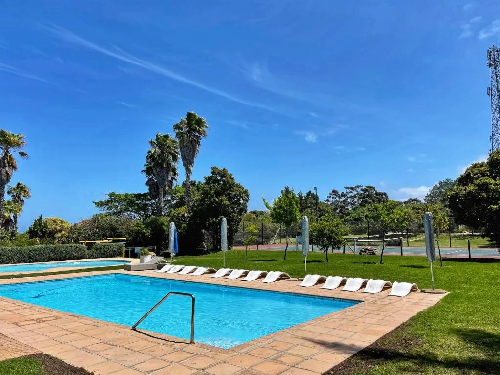 Communal swimming pool with loungers and palm trees shared by guests on the estate