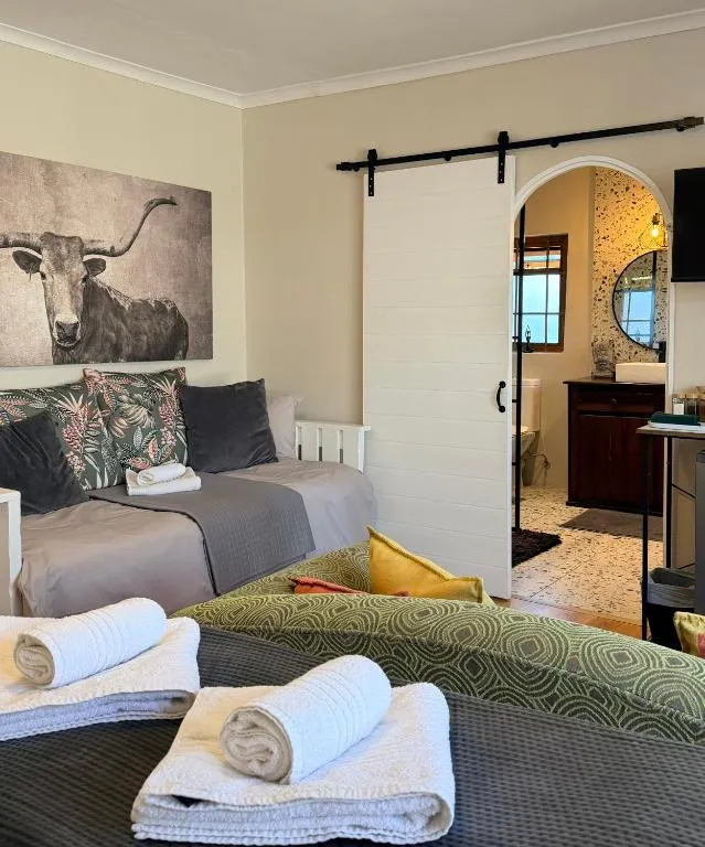 Twin daybed lounge area opens through a sliding barn door to the en-suite bathroom