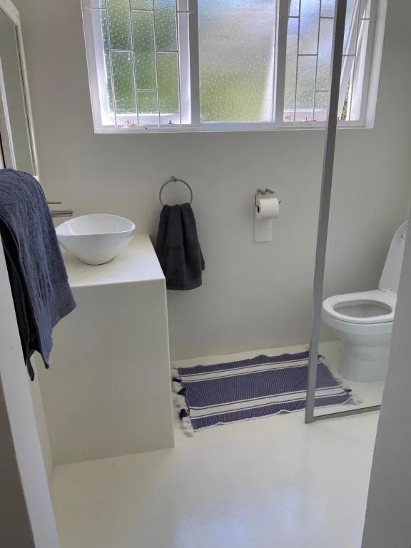 Small bathroom with a white vessel basin, obscured-glass window, and a toilet behind a partial screen