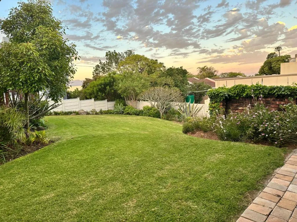 Walled back garden with a lawn, trees and neighbouring rooftops at dusk
