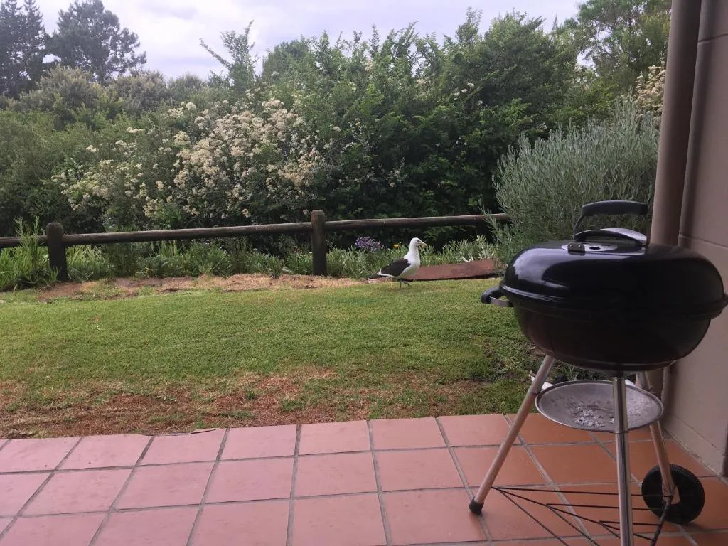 Weber kettle braai on a terracotta-tiled patio overlooking a lawned garden