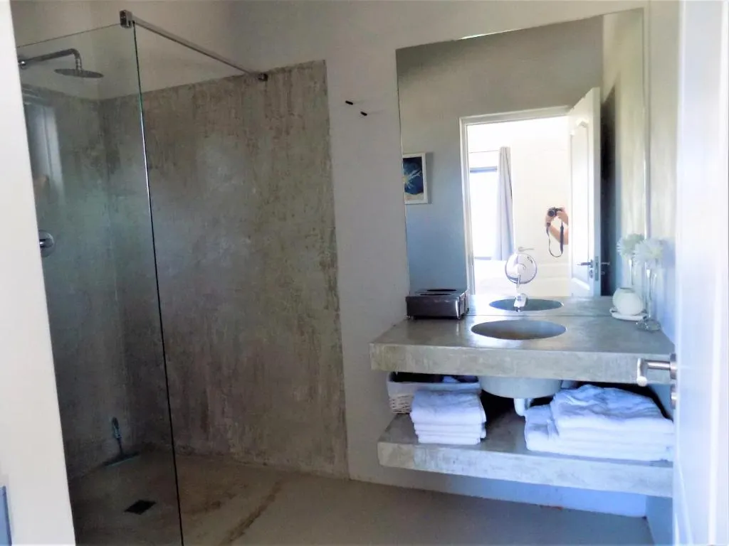 Concrete-finish bathroom with a walk-in glass shower and floating double vanity