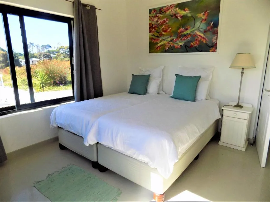 Twin beds with teal cushions beneath a floor-to-ceiling window onto the garden