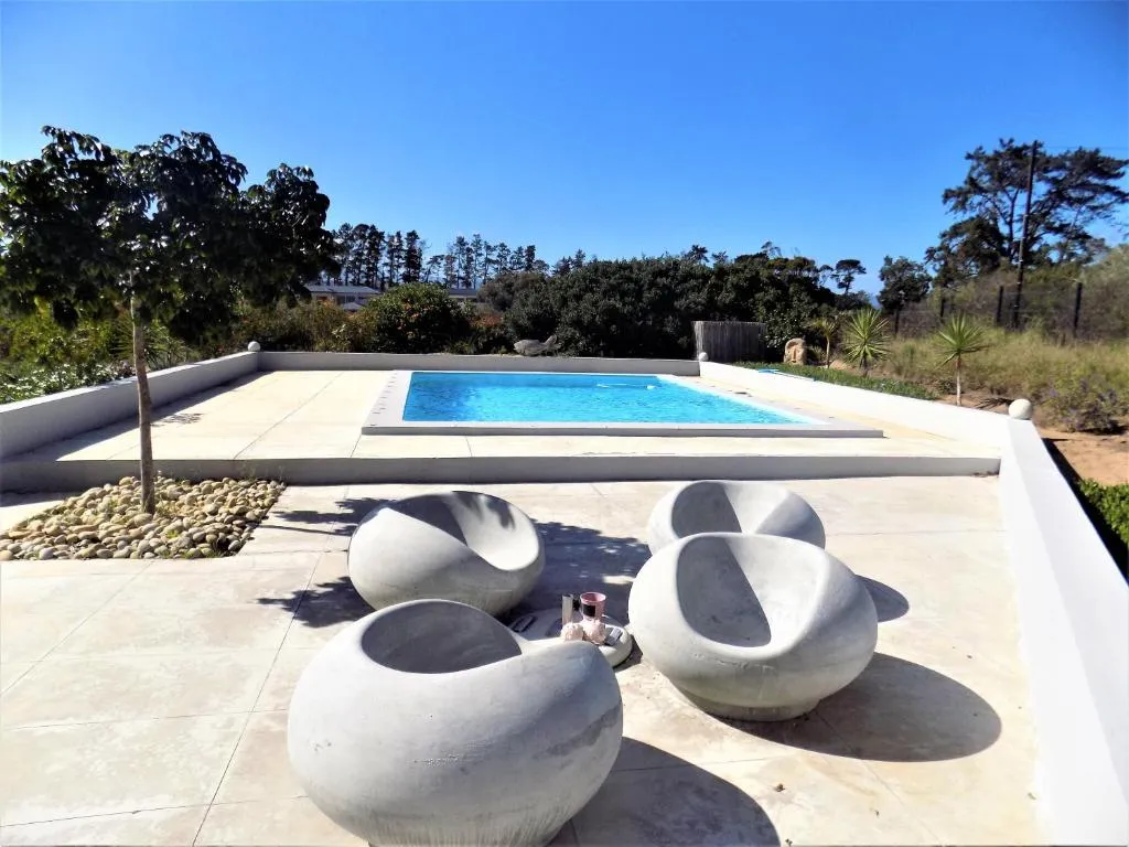 Poolside terrace with sculptural stone lounge chairs and estate greenery beyond