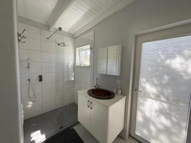 Bathroom with a glass-walled shower, dark vessel basin and a door to the garden