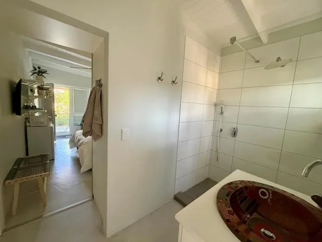 Bathroom passage with hooks, mirrored cabinet and a sunken shower