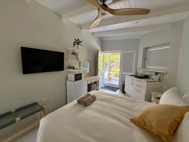 Studio bedroom with wall-mounted TV, mini-fridge and a kitchenette sink by the patio door