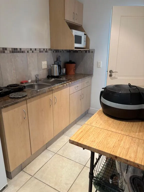 Compact kitchen with a two-plate stove, sink, microwave and a small wooden table