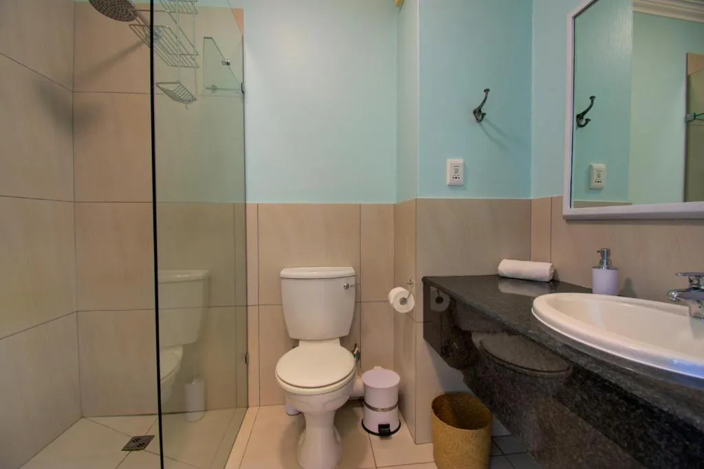 Compact bathroom with a glass shower cubicle, toilet and a dark stone vanity counter