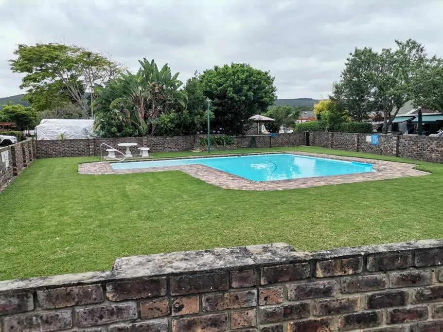 Shared swimming pool in a walled, grassed garden within the San Marino complex