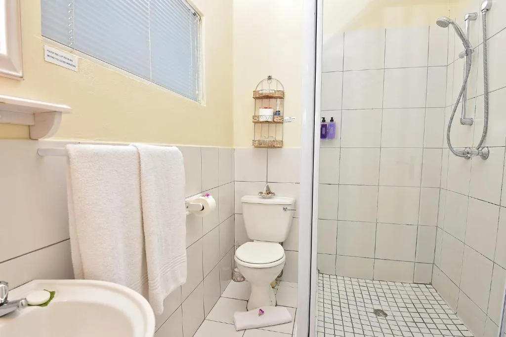 Bathroom with a walk-in tiled shower and toilet in soft yellow tones