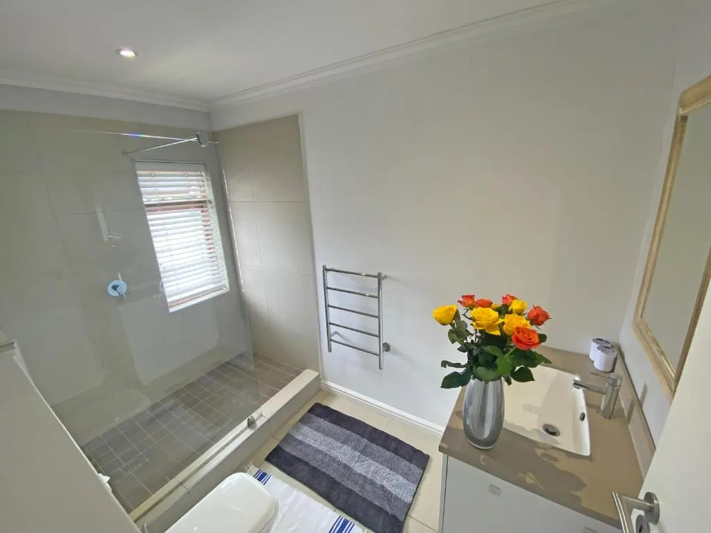 Bathroom with a glass shower, heated towel rail, and vanity below a mirror