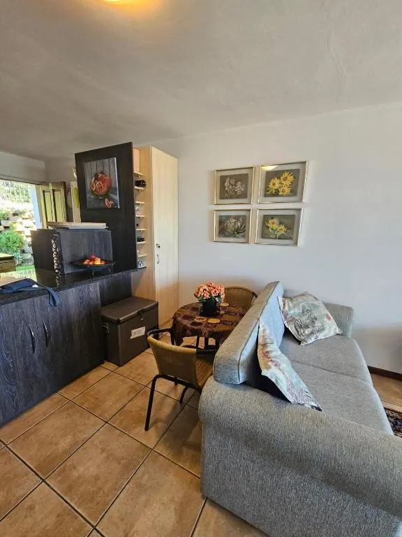 Living area with a grey sofa, round dining table and dark wood display unit