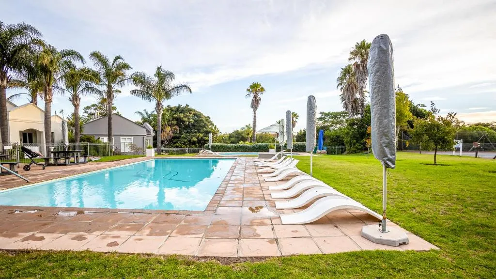 Estate's shared swimming pool lined with sun loungers and palm trees