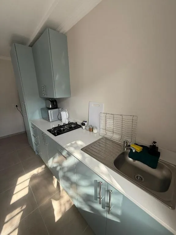 Narrow galley kitchen with pale blue cabinetry, gas hob and a stainless steel sink