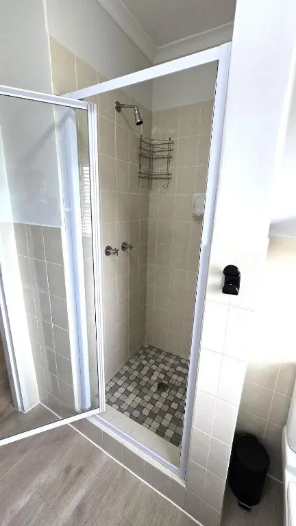 Compact en-suite shower with a frameless glass door and mosaic-tiled floor