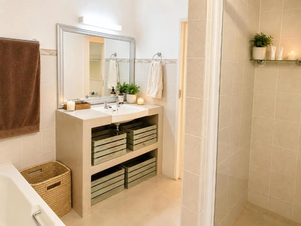 Bathroom with a stone-look vanity, crate shelving and a separate glass shower stall