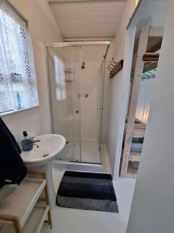 Compact bathroom with a corner glass shower and pedestal basin