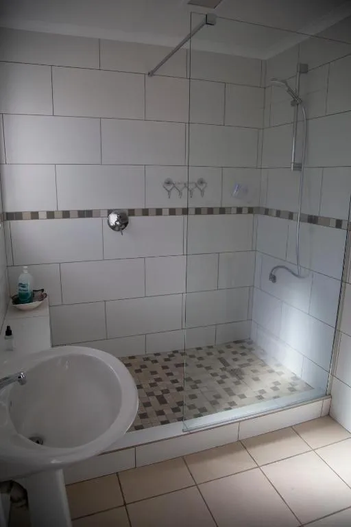 Bathroom with a glass-enclosed walk-in shower and white mosaic-bordered wall tiling