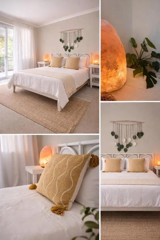 Collage of bedroom styling details — salt lamp, cushions and rattan headboard