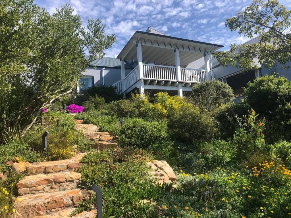 Stone garden steps lead up through fynbos planting to a covered balcony with white balustrade