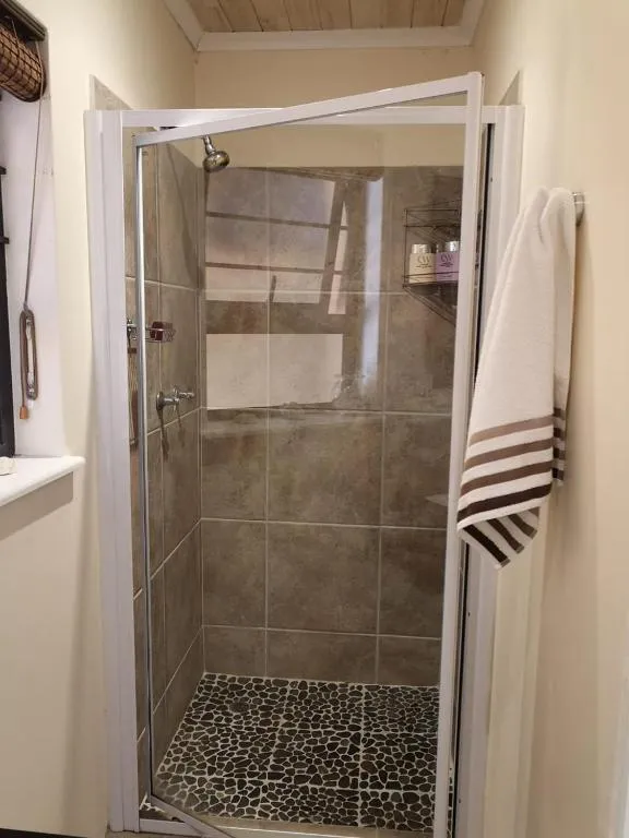 Bathroom with a glass-enclosed shower and pebble-tiled floor