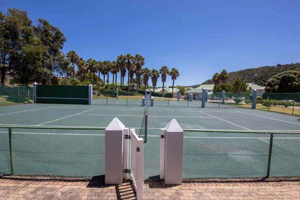 Tennis court entrance gate with palm trees and hills in the background