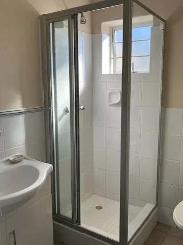 Corner shower stall with glass doors and a pedestal basin in the bathroom