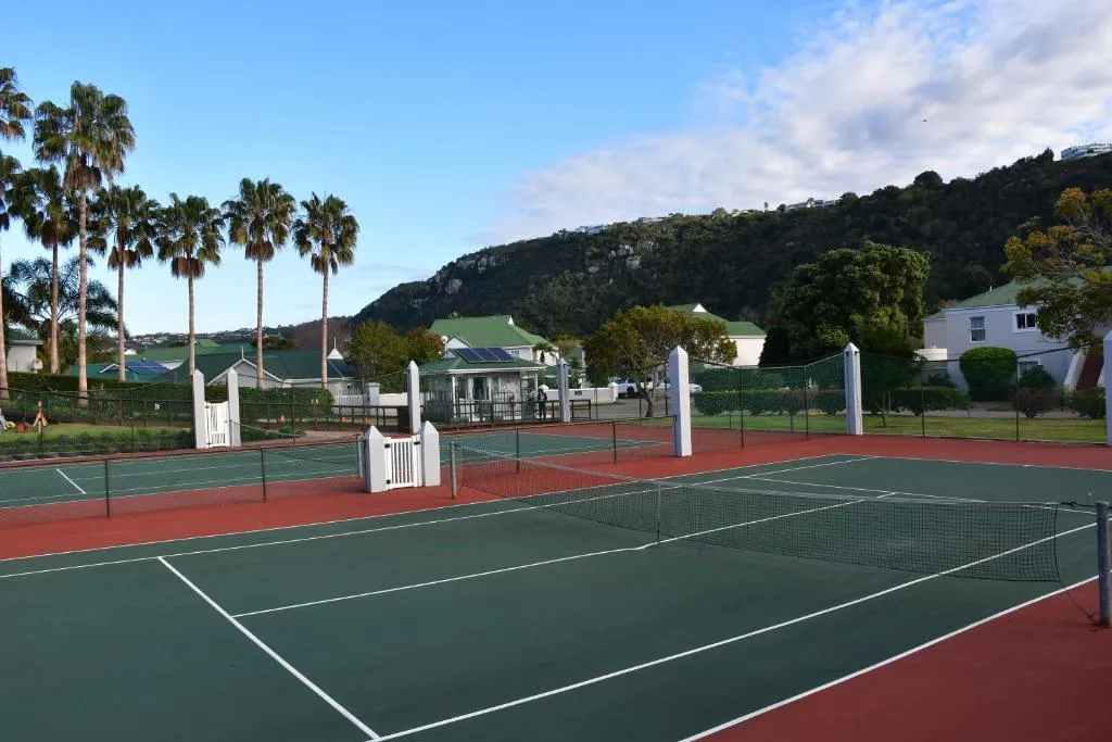 Two tennis courts at the River Club estate with palm trees and hills beyond