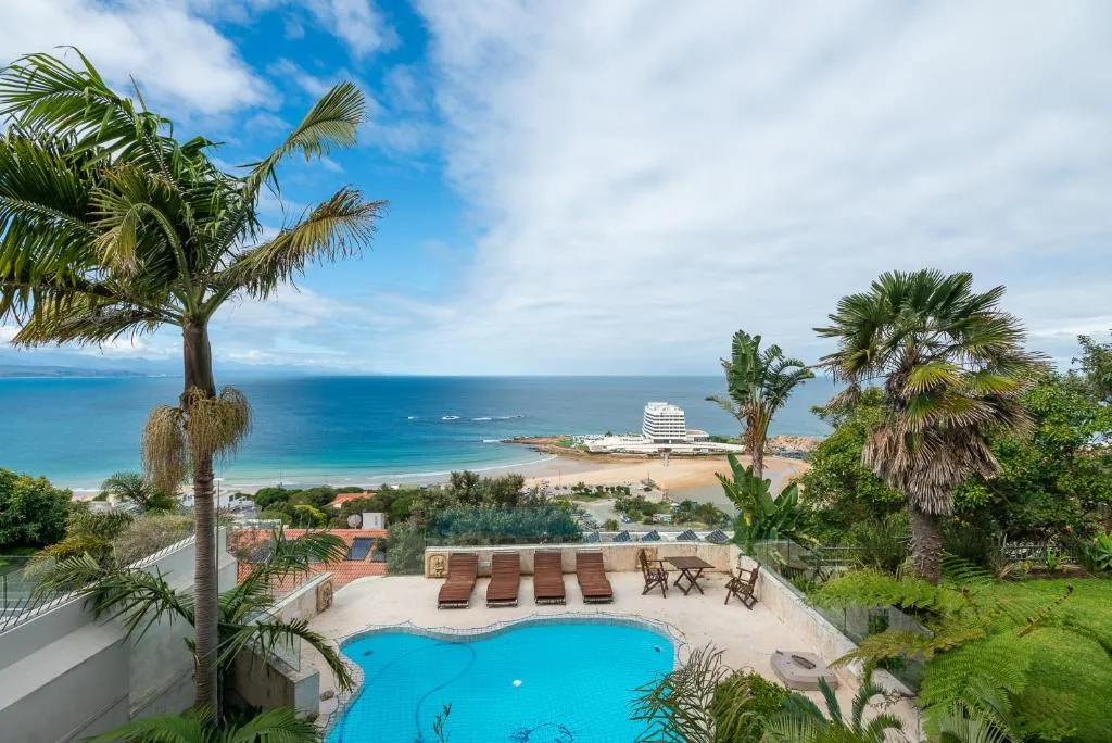 Pool terrace framed by palm trees with a wide view over the bay and beach