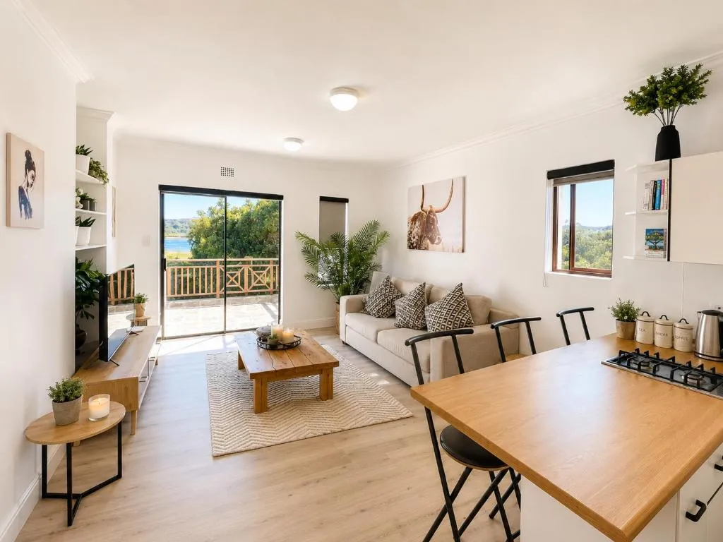 Open-plan lounge and kitchen with sliding doors onto a terrace overlooking the lagoon