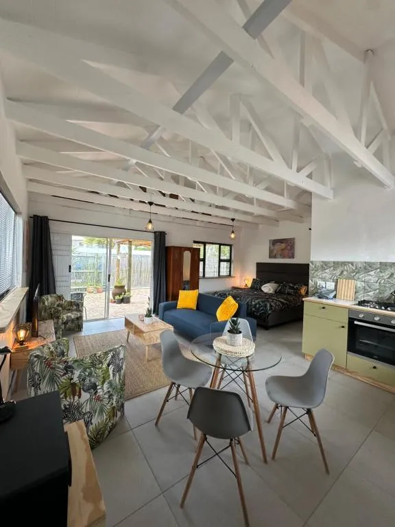 Open-plan studio with vaulted timber-truss ceiling, sliding doors to the patio and a kitchenette