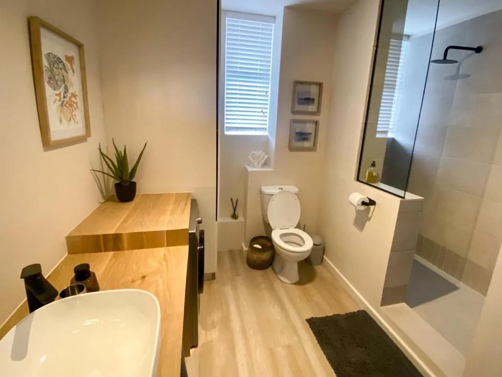 Bathroom with a vessel sink, toilet and glass-walled walk-in shower