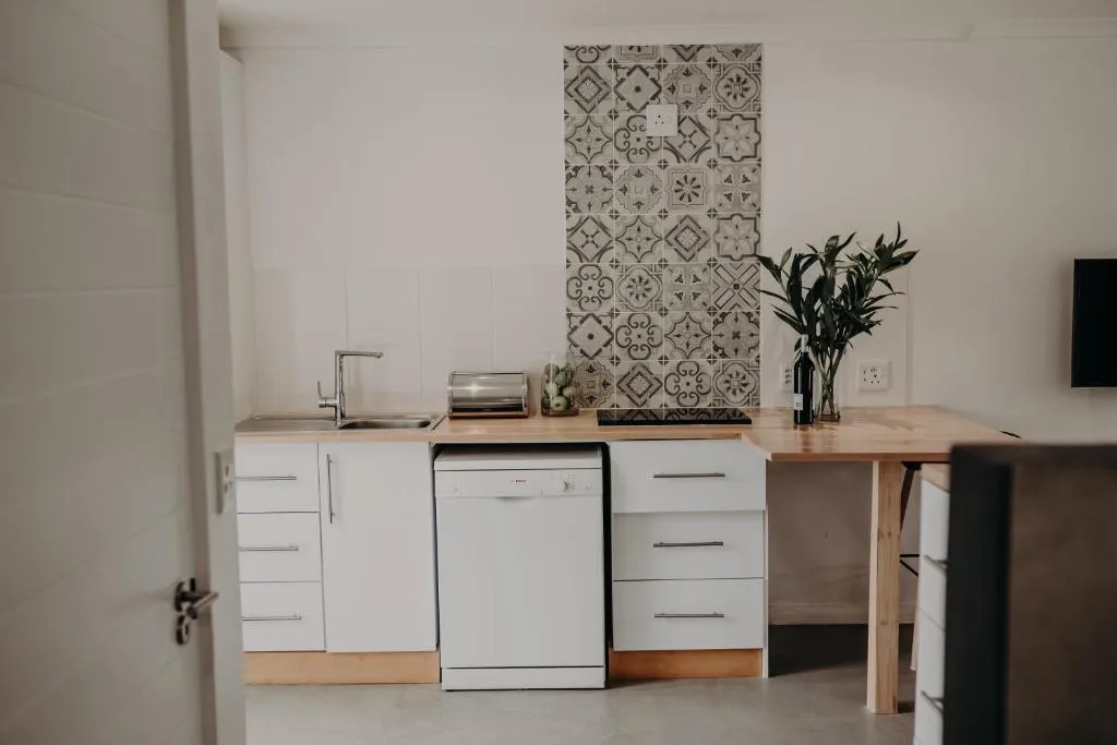 Kitchenette with white cabinetry, an integrated dishwasher and a patterned Moroccan-tile splashback