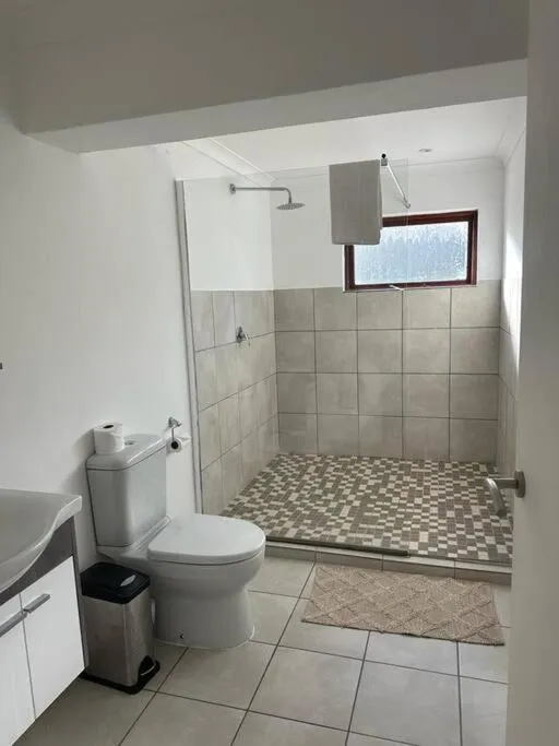 Bathroom with walk-in tiled shower, toilet and a window onto greenery