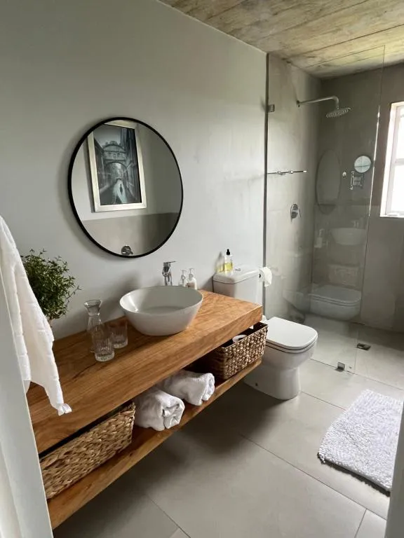 Bathroom with a timber vanity, vessel basin and a glass-walled shower beside the toilet