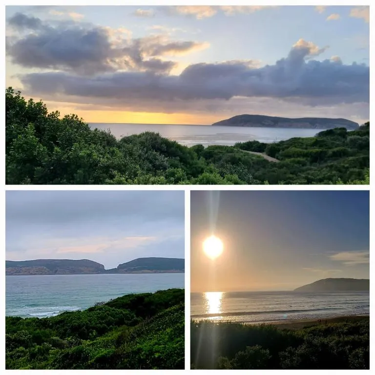 Collage of sunset and dusk views over the sea and a coastal headland near the property