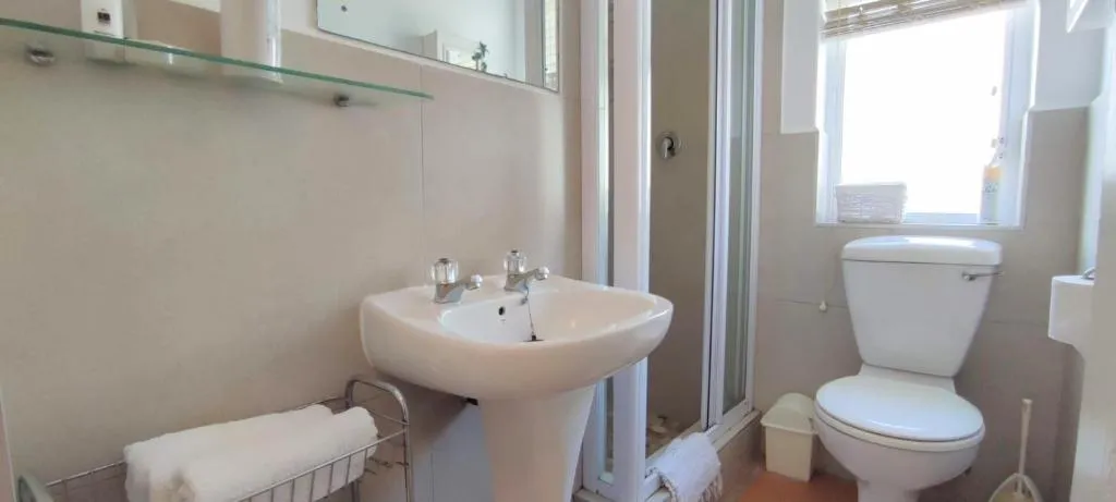 Bathroom with a pedestal sink, glass-enclosed shower and toilet near a window
