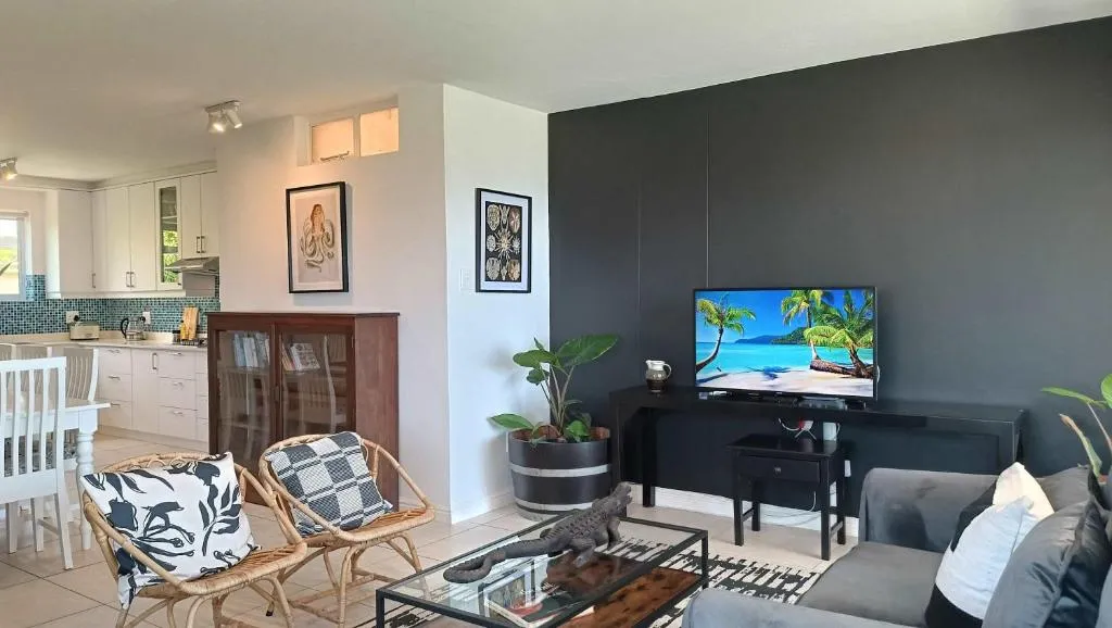 Living room with dark accent wall, mounted TV and rattan armchairs
