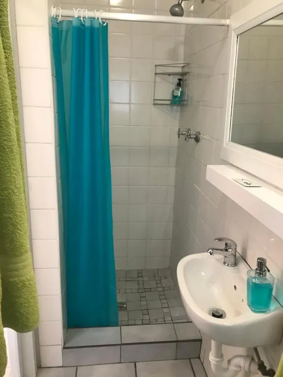 Compact shower room with a teal curtain, pedestal basin and vanity mirror