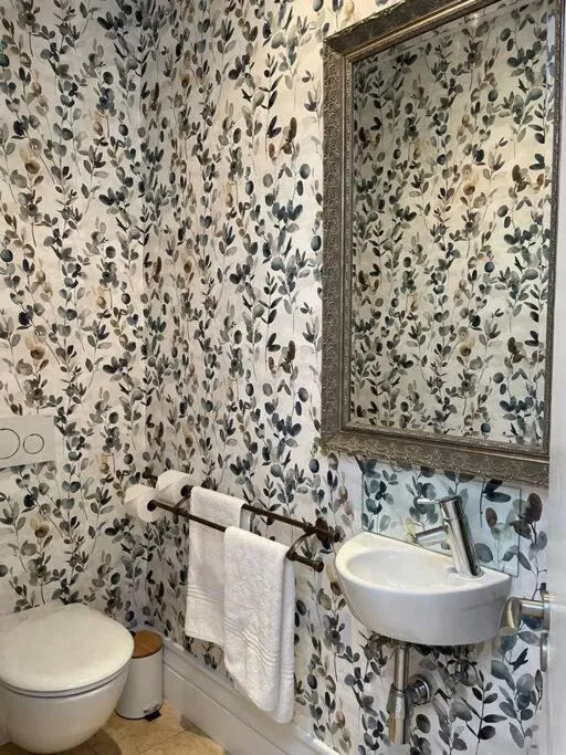 Powder room with botanical wallpaper, an ornate mirror and a compact wall-hung basin