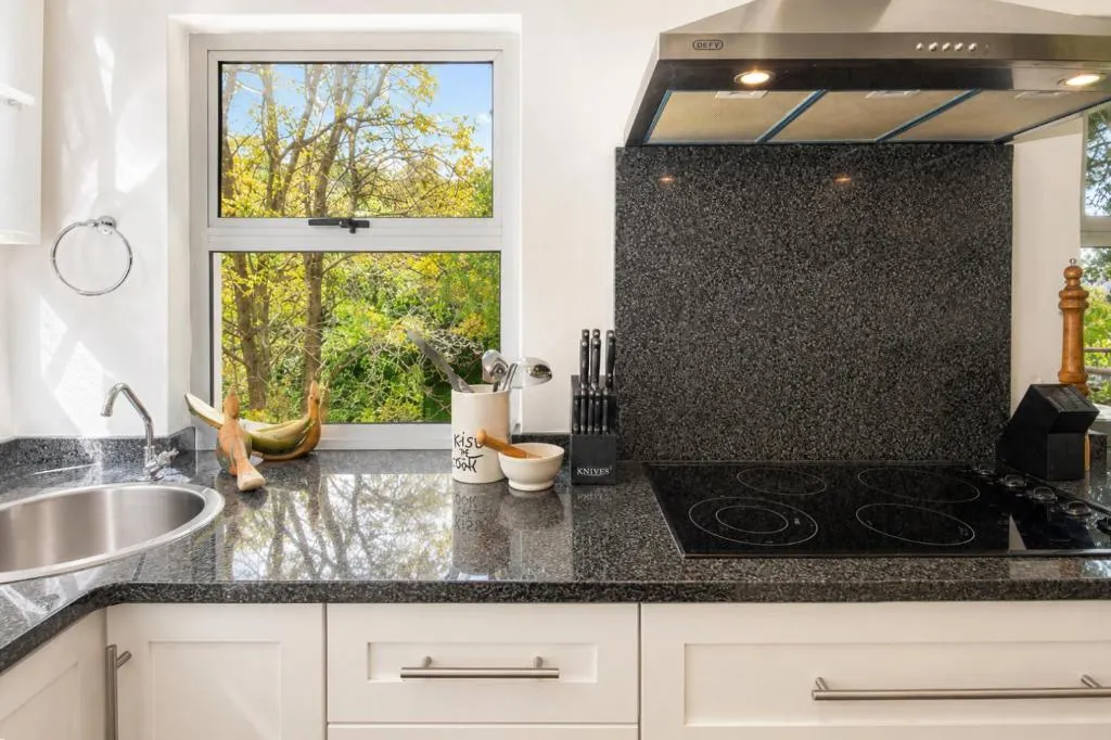 Kitchen counter with a granite splashback and a window onto leafy garden trees
