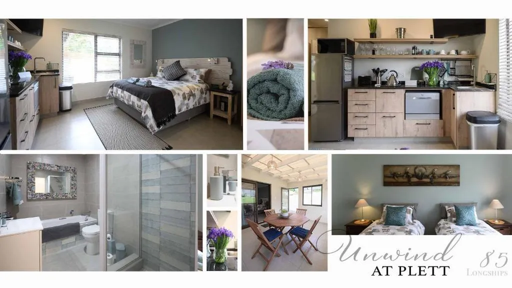 Promotional photo collage of the unit's bedroom, kitchenette, bathroom and patio with the property name overlaid