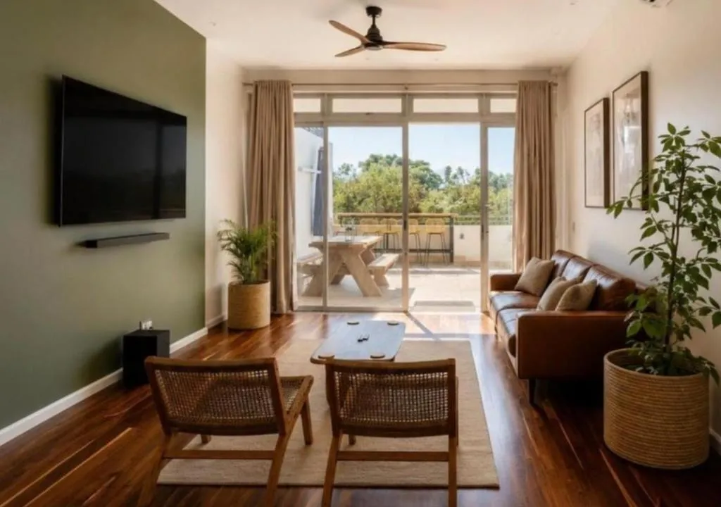 Living room with an olive accent wall, leather sofa and sliding doors onto a tree-lined balcony