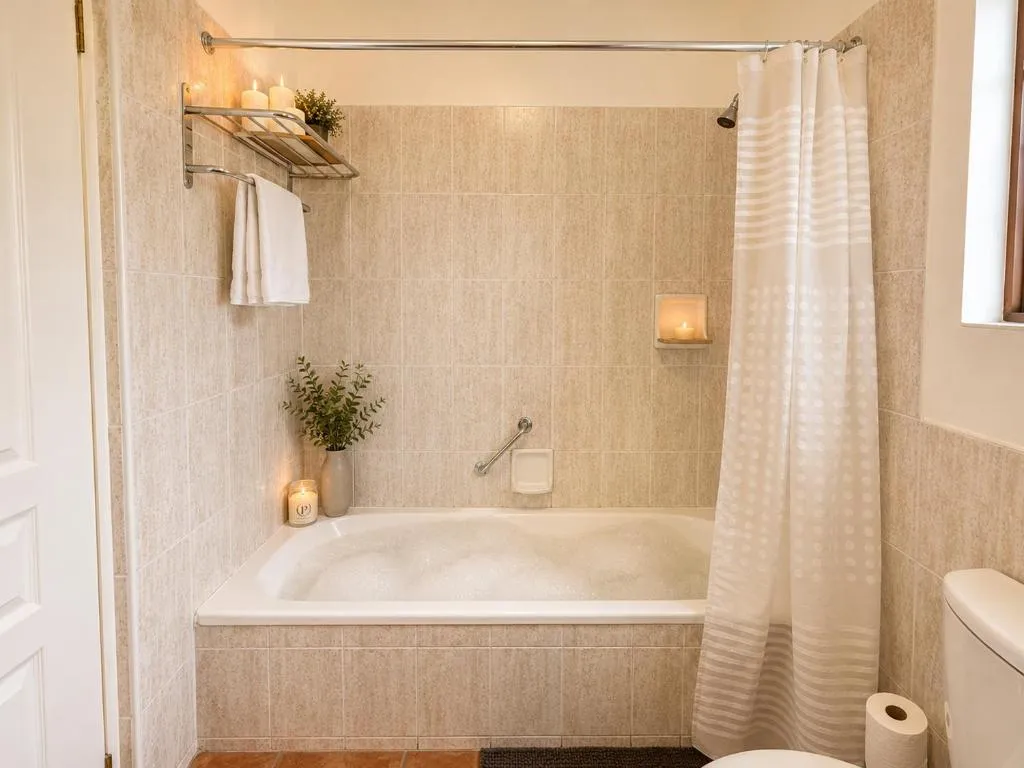Bathroom with a bath, shower curtain and candles along the tiled surround
